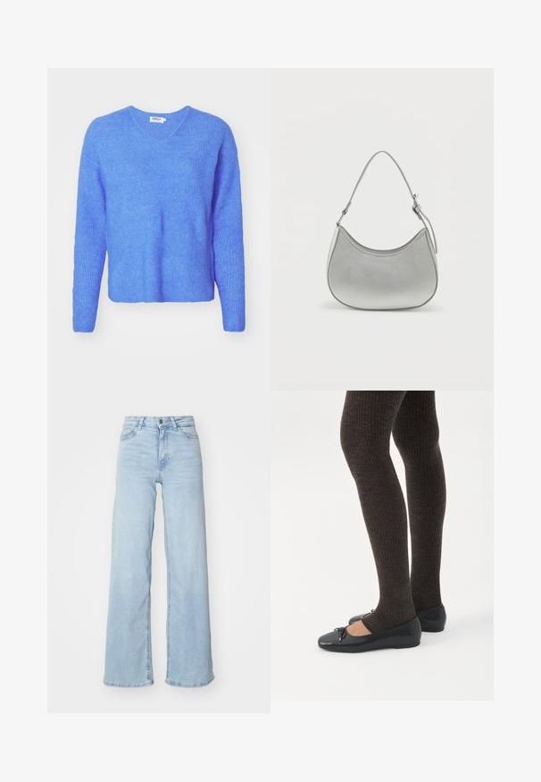 Pull en tricot côtelé bleu avec un col en V, des manches longues et une coupe décontractée. Fabriqué à partir d'un matériau doux et texturé. L'étiquette indique "ONLY."; Jeans en denim bleu clair à jambes larges. Dispose d'une taille haute, d'une fermeture à bouton à l'avant et de deux poches. Texture lisse avec un léger dégradé.; Jambes portant des leggings côtelés foncés associés à des ballerines noires avec de petits détails en nœud sur fond blanc.; Sac à main en simili cuir argenté avec une forme incurvée, une courte bandoulière ajustable et une texture lisse, présentant un minimum de détails de couture.