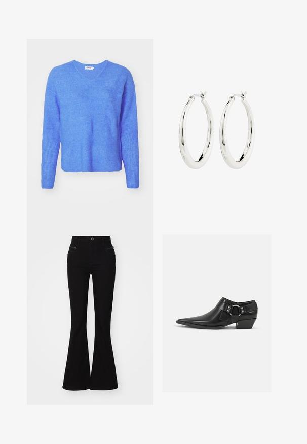 Blauwe ribgebreide trui met een V-hals, lange mouwen en een relaxed fit. Gemaakt van een zachte, gestructureerde stof. Etiket leest "ONLY."; Zwarte flared jeans met een hoge taille, voorzien van zijzakken en ritssluitingen. Gemaakt van denim met een gladde textuur.; Zwarte leren enkellaarzen met een spitse neus, voorzien van een leren band aan de voorkant en een zilveren gesp detail, en een lage, blokhak.; Zilveren oorbellen in de vorm van een gladde, glanzende ring. Circulaire vorm, voorzien van een veilige sluiting. Eenvoudig en elegant ontwerp.