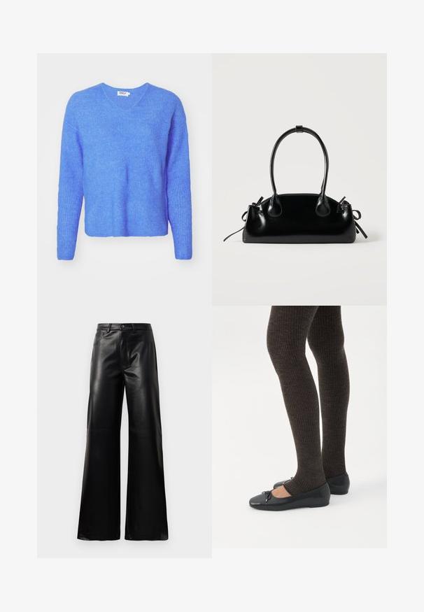 Suéter azul de punto con canalé, cuello en V, mangas largas y un corte holgado. Hecho de material suave y texturizado. La etiqueta dice "ONLY."; Pantalones de imitación de cuero negros de cintura alta y pierna ancha con botón frontal, cierre de cremallera, pasadores para cinturón y bolsillos laterales sobre fondo blanco.; Piernas con leggings oscuros acanalados combinados con bailarinas negras que presentan pequeños detalles de lazo sobre un fondo blanco.; Pequeño bolso negro brillante con dos asas largas y detalles de cordón lateral sobre un fondo claro liso.