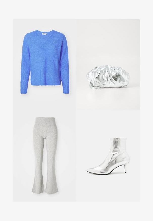 Blauwe ribgebreide trui met een V-hals, lange mouwen en een relaxed fit. Gemaakt van een zachte, gestructureerde stof. Etiket leest "ONLY."; Grijze uitlopende leggings van zacht materiaal, voorzien van een elastische tailleband en een gladde textuur, die uitlopen naar een flared afwerking aan de onderkant.; Zilverkleurige metallic enkelboot met een spitse neus en een smalle hak. Beschikt over een strakke pasvorm en een gladde, glanzende textuur. Naadaccenten aan de bovenkant.; Metalen zilveren clutch tas met een zachte, geplooide body en een dunne schouderriem. Kenmerkt zich door een gladde, glanzende textuur en afgeronde vorm.