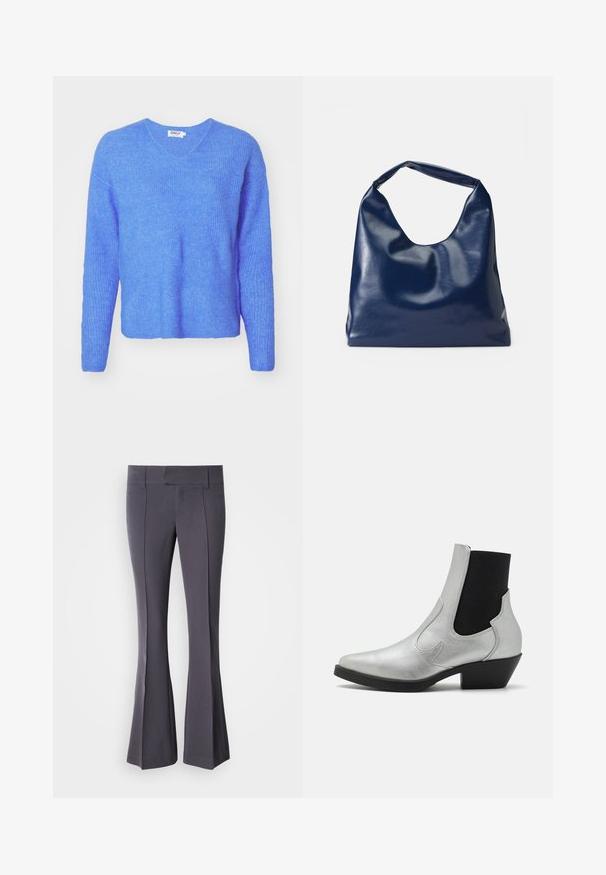 Blauwe ribgebreide trui met een V-hals, lange mouwen en een relaxed fit. Gemaakt van een zachte, gestructureerde stof. Etiket leest "ONLY."; Grijze flared broek van soepel materiaal met een getailleerde pasvorm, met voorste kreuklijnen en een middelhoge tailleband.; ONLY SHOES by Zalando ONLBRONCO SHORT - Cowboy-/Bikerlaarsjes - silver; Marineblauwe neplederen schoudertas met een zachte, glanzende textuur, ronde vorm en een enkele, brede handgreep voor gemakkelijk dragen.