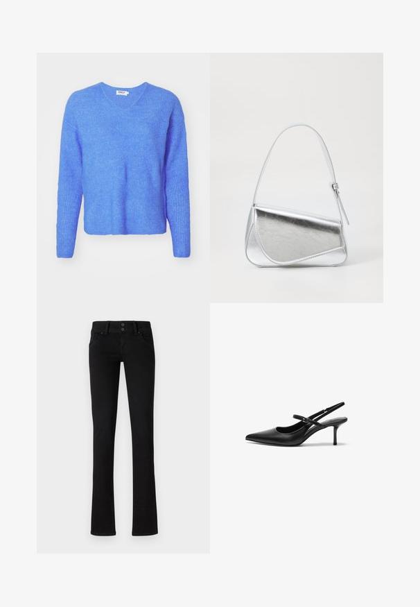 Blauwe ribgebreide trui met een V-hals, lange mouwen en een relaxed fit. Gemaakt van een zachte, gestructureerde stof. Etiket leest "ONLY."; Zwarte slim-fit jeans met twee voorzakken, riemlussen en dubbele knoopsluiting, weergegeven op een effen witte achtergrond.; Zwarte leren slingback hakken met een puntige neus, slanke verstelbare band en een ongeveer 5 cm hoge stiletto hak, met een gladde textuur.; Zilveren metalen handtas met een driehoekige vorm, gladde textuur en een dunne, verstelbare schouderriem. Kenmerkt zich door een omklapbaar ontwerp met stiksels.