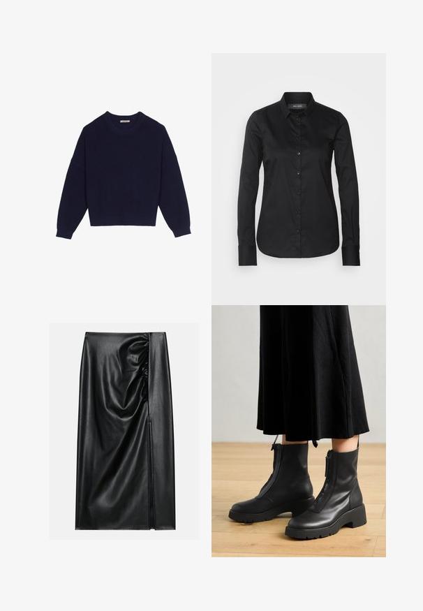 Suéter de punto azul marino con textura acanalada, escote redondo, hombros caídos y dobladillo corto. Tejido suave con mangas largas.; Mos Mosh TILDA SHIRT - Blusa - black; Falda de cuero negro con una textura suave, con una sección fruncida en un lado y una abertura lateral para añadir detalle.; Botas de tobillo de cuero negro con suela de plataforma gruesa y cremallera delantera. Textura suave con un diseño minimalista.