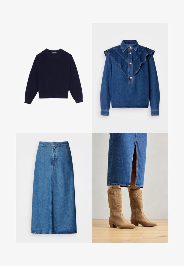 Suéter de punto azul marino con textura acanalada, escote redondo, hombros caídos y dobladillo corto. Tejido suave con mangas largas.; Camisa de denim en azul oscuro con cuello con volantes, cierre de botones en la parte frontal y mangas largas. Presenta detalles de costura sutiles y un ajuste relajado.; Falda midi de mezclilla con un corte relajado, presenta una cintura alta, dobladillo deshilachado y color azul sólido. Diseño sencillo sin adornos visibles.; Botas western de color marrón con costuras decorativas, punta afilada y tacón apilado. Llevadas con una falda de mezclilla hasta la rodilla, que revela las botas.