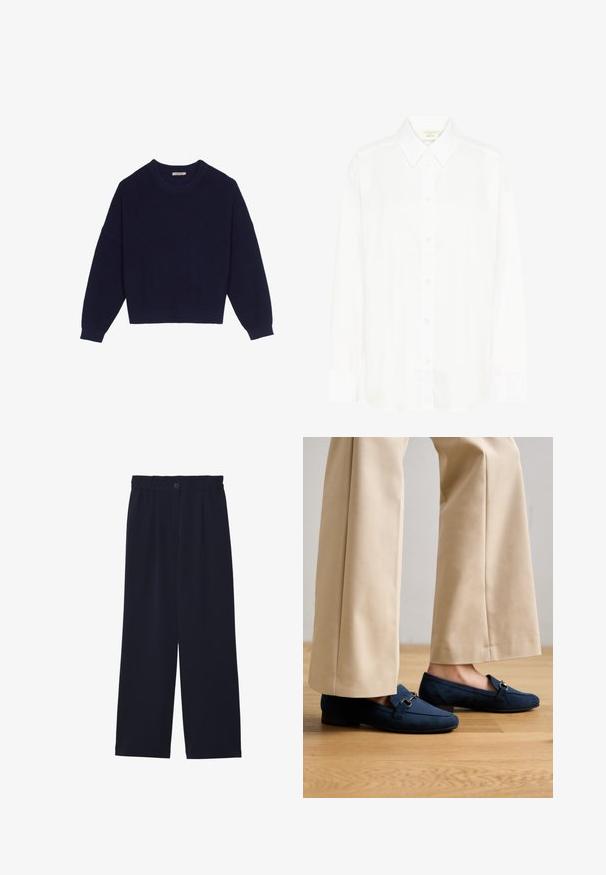 Marineblå strikket sweater med ribbestruktur, rund halsudskæring, nedsatte skuldre og cropped kant. Blødt materiale med lange ærmer.; Hvid langærmet skjorte med knapper, klassisk krave og almindelig pasform. Fremstillet af glat stof med otte knapper ned foran.; Marineblå brede bukser med en glat tekstur, elastisk talje, enkel frontfold og en knaplukning i taljen.; Mørkeblå fløjlsloafers med rund tå, lille hæl og sølvhardwaredetalje over toppen. Båret med beigefarvede bukser med brede ben.