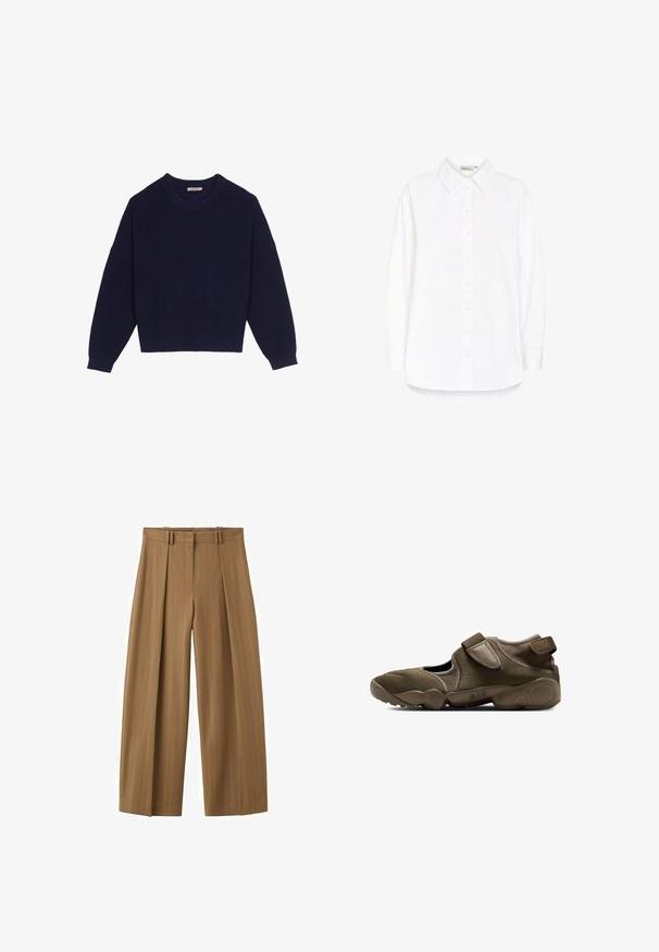 Marineblå strikket sweater med ribbestruktur, rund halsudskæring, nedsatte skuldre og cropped kant. Blødt materiale med lange ærmer.; Langærmet hvid skjorte med knapper, spids krave og buet kant, vist mod en hvid baggrund.; Brune bukser med høj talje og vide ben med subtile nålestriber, frontlige læg, bæltestropper og en skjult frontlynlås.; Brun atletisk slip-on sko med justerbar rem, udskårne sider og polstret sål mærket med "AIR" på mellemsålen.