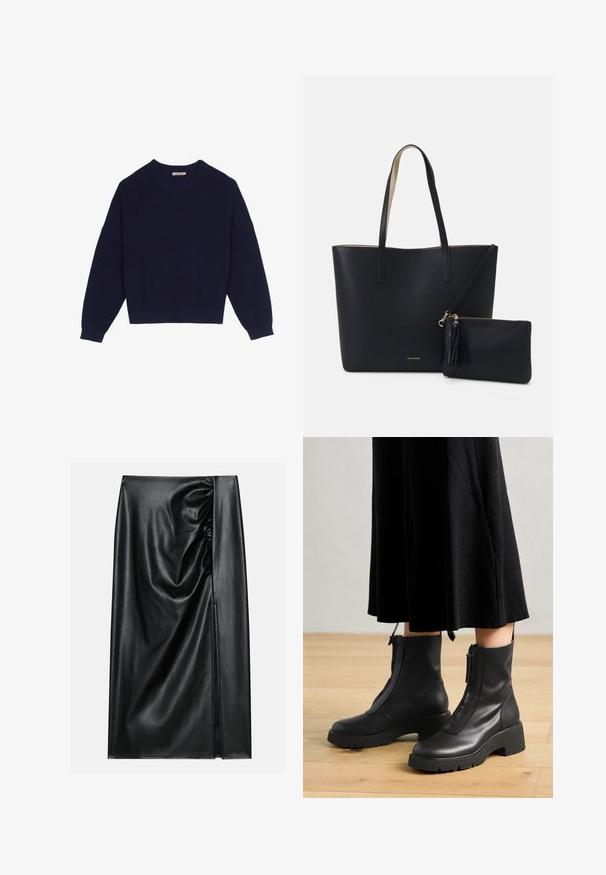 Marineblå strikket sweater med ribbestruktur, rund halsudskæring, nedsatte skuldre og cropped kant. Blødt materiale med lange ærmer.; Sort læderskirt med en glat overflade, der har en indsamlet sektion på den ene side og en skråning på siden for ekstra detaljer.; Sorte læder ankelstøvler med en kraftig platformsål og en frontlynlås. Glat tekstur med et minimalistisk design.; Sort tote taske med struktureret materiale, to lange håndtag og en aftagelig lynlåspose med en frynse-detalje. Guld mærkelogo synligt.