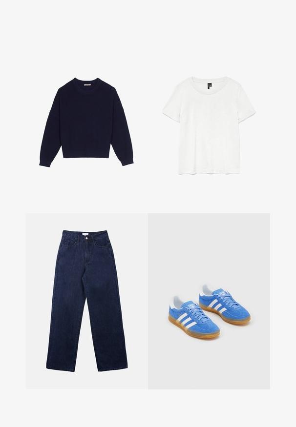 Suéter de punto azul marino con textura acanalada, escote redondo, hombros caídos y dobladillo corto. Tejido suave con mangas largas.; Camiseta blanca de manga corta con un cuello redondo, hecha de tejido ligero. Diseño simple, textura suave y dobladillo recto.; Pantalones de mezclilla azul oscuro con un diseño de pierna recta, que cuentan con un cierre frontal de botón, pasadores para cinturón y dos bolsillos frontales.; Zapatillas deportivas azules de ante con acentos de rayas blancas, suela de goma y cuello acolchado para mayor comodidad. Presenta un diseño clásico de cordones.