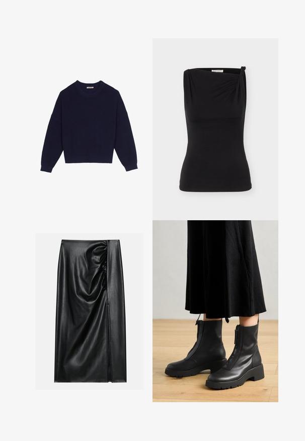 Suéter de punto azul marino con textura acanalada, escote redondo, hombros caídos y dobladillo corto. Tejido suave con mangas largas.; Top negro sin mangas ajustado con escote asimétrico y un pequeño detalle de nudo en un hombro.; Falda de cuero negro con una textura suave, con una sección fruncida en un lado y una abertura lateral para añadir detalle.; Botas de tobillo de cuero negro con suela de plataforma gruesa y cremallera delantera. Textura suave con un diseño minimalista.