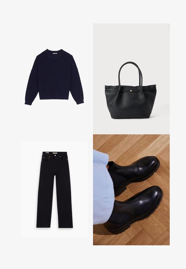Pull en tricot bleu marine avec une texture côtelée, un col rond, des épaules tombantes et un ourlet court. Tissu doux avec des manches longues.; Jean en denim noir avec une coupe droite, cinq poches, matériel en cuivre et texture lisse. Deux étiquettes visibles sur la taille.; Bottines noires en cuir lisse avec des panneaux latéraux élastiques, une semelle en caoutchouc texturé et des coutures contrastantes le long du bord.; Sac cabas en cuir noir texturé avec deux poignées arrondies et un petit fermoir doré à l'avant sur un fond uni.