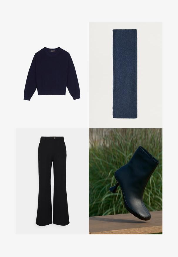Suéter de punto azul marino con textura acanalada, escote redondo, hombros caídos y dobladillo corto. Tejido suave con mangas largas.; Pantalones acampanados negros hechos de tejido elástico, con cierre de botón en la parte delantera y trabillas para cinturón. Textura suave con color uniforme en todo el tejido.; Botín de cuero negro con tacón esculpido, equilibrado sobre una superficie de madera, con césped verde de fondo.; Bufanda larga azul marino hecha de un tejido suave y texturizado. Presenta una forma uniforme con bordes acabados de manera cuidadosa y sin patrones visibles.