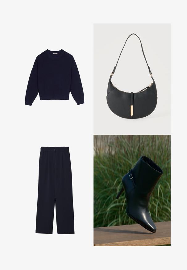 Navyblauwe gebreide trui met een ribbelstructuur, ronde hals, ingezette schouders en een cropped zoom. Zachte stof met lange mouwen.; Marineblauwe wijde broek met een gladde textuur, elastische tailleband, enkele plooien aan de voorkant en een knoopsluiting in de taille.; Zwarte leren enkellaars met een puntige neus, gestapelde hak, glinsterende textuur en een decoratieve band met een zilverkleurige gesp.; Zwarte handtas in halve maanvorm met een enkele band, gouden rits en een gouden rechthoekige decoratieve tab aan de voorkant.