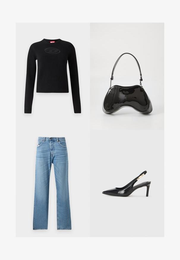 Sort sweater lavet af strikstof, med rund halsudskæring, lange ærmer og et tekstureret ovalt logo i midten.; Lyseblå denimjeans med lige ben-design, der har en standard talje, fem lommer og subtilt slid på stoffet.; Sort læder slingback højhælede sko med spidse tæer, glat overflade og en smal ankelrem med guldfarvede hardware detaljer.; Sort patentlæder håndtaske med en unik buet form, kort justerbar hank og en lynlåslukning i toppen. Glat tekstur med diskret branding.