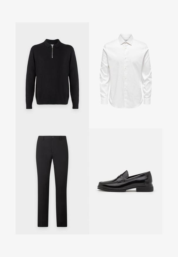 Pull noir à col zippé, à manches longues, avec des poignets et un ourlet côtelés, fabriqué dans un tissu doux et lisse.; Chemise blanche pour homme à manches longues avec col pointu et rangée avant de boutons blancs sur fond uni.; Pantalon noir sur mesure avec une coupe droite, doté d'une fermeture à bouton et de passants pour ceinture. Confectionné dans un tissu lisse sans motifs apparents.; Mocassins en cuir noir avec un embout arrondi, présentant un détail cousu sur le dessus, et un petit talon carré. Texture lisse et finition brillante.
