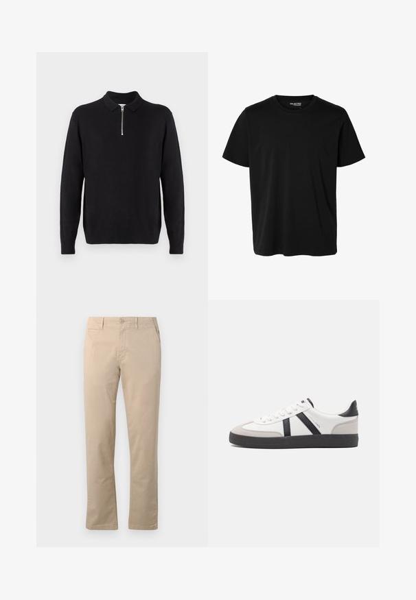 Pull noir à col zippé, à manches longues, avec des poignets et un ourlet côtelés, fabriqué dans un tissu doux et lisse.; T-shirt noir uni à manches courtes et col rond pour homme, sans motifs ni logos visibles à l’avant.; Chinos beiges en coton, avec une coupe droite, fermeture à bouton traditionnelle et poches latérales avec des coutures nettes.; Baskets blanches avec des accents noirs et gris, présentant un embout texturé gris, une semelle en caoutchouc noir et des lacets plats blancs. Design épuré, style minimaliste.