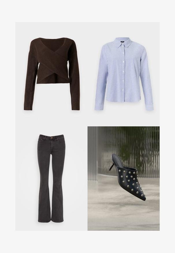 Brun cropped sweater lavet af blødt materiale, med en dyb V-halsudskæring, lange ærmer og et overlappende design foran.; Langærmet skjorte med knapper med hvide og lyseblå lodrette striber og en spids krave vist på en ensfarvet baggrund.; Weekday FLAME LOW - Flared jeans - black lux; Sort mule med spids tå og lille hæl, dekoreret med jævnt fordelt runde sølvnitter på overdelen.