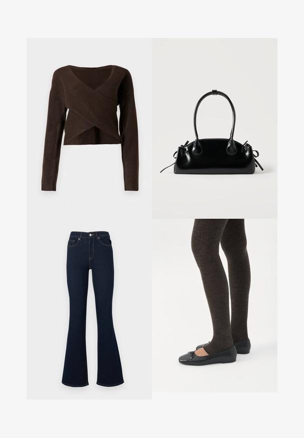 Brun cropped sweater lavet af blødt materiale, med en dyb V-halsudskæring, lange ærmer og et overlappende design foran.; Mørkeblå udvidede jeans med høj talje, forlommer og kontrastsyninger, lavet af denimstof med en glat tekstur.; Ben iført mørke ribbede leggings kombineret med sorte balletsko med små sløjfedetaljer på hvid baggrund.; Lille sort blank håndtaske med to lange håndtag og snøre-detaljer i siden på en ensfarvet lys baggrund.