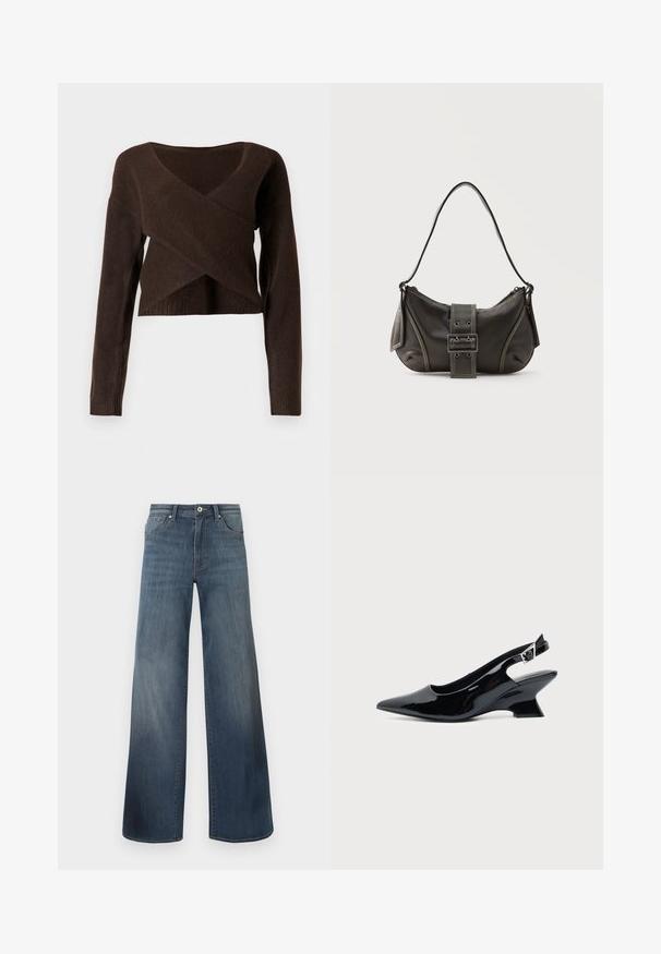 Pull court marron en matériau doux, avec un décolleté en V profond, des manches longues et un design en superposition à l'avant.; Jeans en denim à jambes larges de couleur bleu foncé, avec une finition déchirée, fermeture à bouton et style à cinq poches. Texture lisse, détails de couture minimalistes.; Chaussure slingback en cuir verni noir avec bout pointu et petit talon bloc incliné sur fond clair uni.; Sac à épaule en cuir noir avec une sangle à boucle, des bords arrondis et des coutures blanches contrastées sur un fond uni.