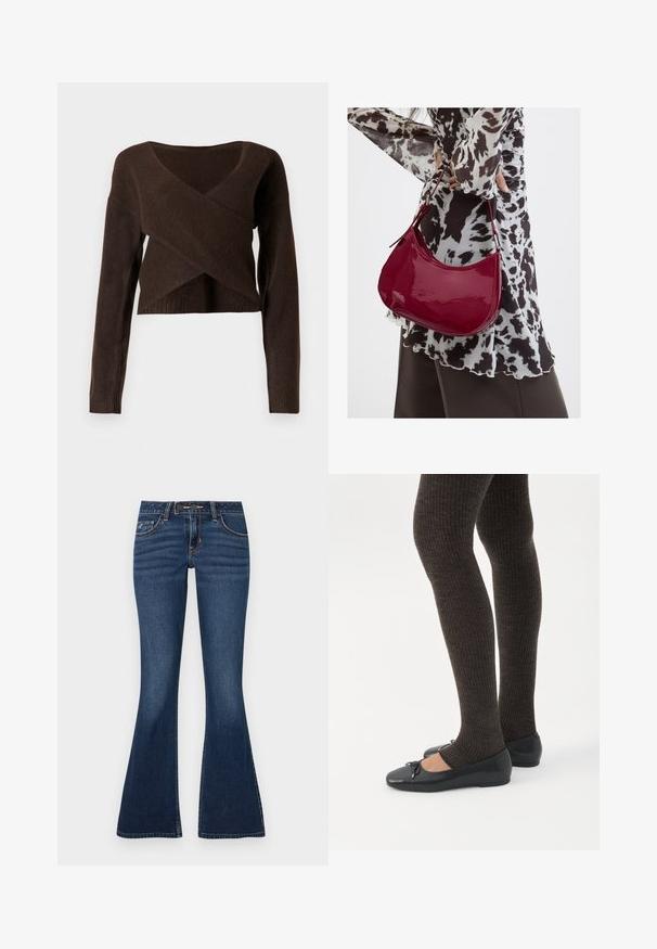 Brun cropped sweater lavet af blødt materiale, med en dyb V-halsudskæring, lange ærmer og et overlappende design foran.; Flared jeans i mørkeblå denim med et klassisk fem-lomme-design, kontrastsyninger og lynlås med knaplukning.; Ben iført mørke ribbede leggings kombineret med sorte balletsko med små sløjfedetaljer på hvid baggrund.; Kvinde iført en sort- og hvidmønstret bluse, der holder en blank rød skuldertaske mod en ensfarvet baggrund.