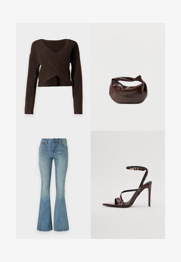 Bruine cropped trui van zacht materiaal, met een diepe V-hals, lange mouwen en een overlappend ontwerp aan de voorkant.; Lichtblauwe flared jeans van denim. Heeft een sluiting met een knoop aan de voorkant, vijf zakken en subtiele vervaging voor textuur.; Bordeaux gepatineerde leren hoge hakken sandaal met een enkelbandje, puntige neus en drie horizontale banden over de voet. Details met gouden gesp.; Donkerbruine leren schoudertas met een zachte, slungelige vorm en een gedraaide knoopvormige handgreep op een effen witte achtergrond.