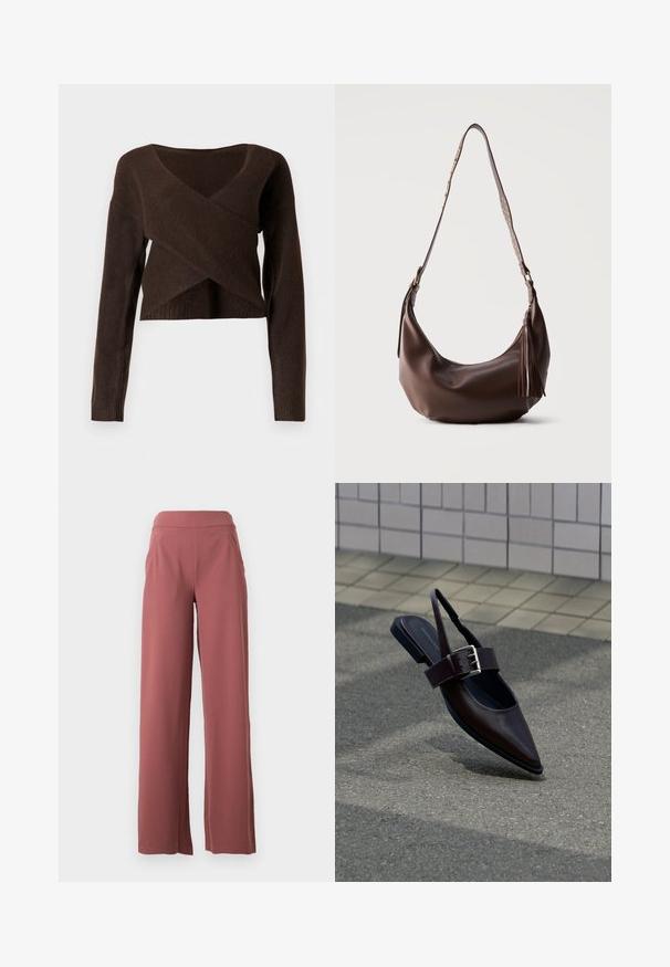 Brun cropped sweater lavet af blødt materiale, med en dyb V-halsudskæring, lange ærmer og et overlappende design foran.; Breddebenede bukser i en støvet rosenfarve, lavet af blødt stof, med en høj talje og to sidelommer. Glat tekstur med rene linjer.; Mørkebrune flade slingback-sko med spids tå, bred rem og stor sølvspænde på asfalt nær flisebelagt væg.; Brun skuldertaske i læder med guldnitter på stroppen og læderrispynte lynlås, vist mod en ensfarvet baggrund.