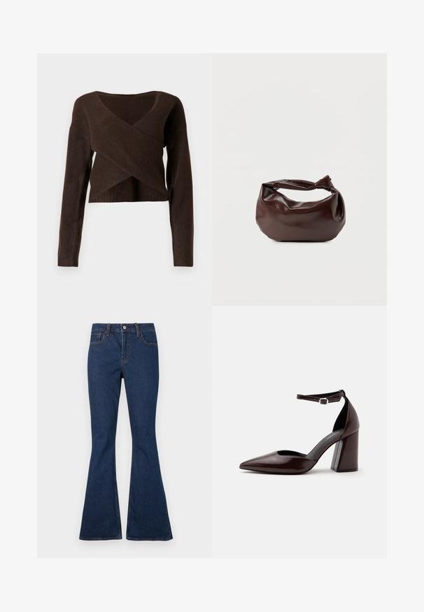 Brun cropped sweater lavet af blødt materiale, med en dyb V-halsudskæring, lange ærmer og et overlappende design foran.; Mørkeblå denimjeans med en tætsiddende talje og udvidede ben, der har forlommer og synlige kontrastsyninger.; Mørkebrunt læder pumps med spids tå, høj hæl, ankelrem og sølvspænde på hvid baggrund.; Mørkebrun læder skuldertaske med en blød, afslappet form og et snoet knudehåndtag på en ensartet hvid baggrund.