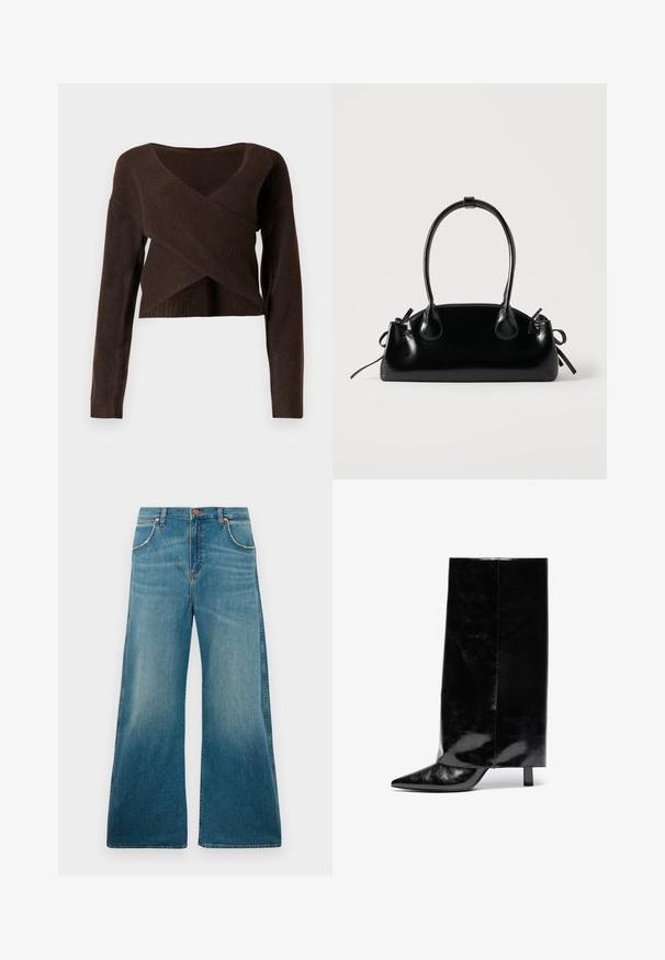 Brun cropped sweater lavet af blødt materiale, med en dyb V-halsudskæring, lange ærmer og et overlappende design foran.; Højtaljede blå denimjeans med brede ben, frontlommer, knaplukning og en falmet farvegradient fra talje til kant.; Sorte læder ankelstøvler med spids tå og blokhæl, der har en høj, blank skaft og en tekstureret overflade på den nedre del.; Lille sort blank håndtaske med to lange håndtag og snøre-detaljer i siden på en ensfarvet lys baggrund.