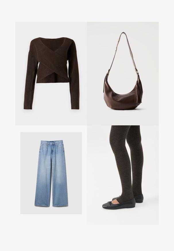 Pull court marron en matériau doux, avec un décolleté en V profond, des manches longues et un design en superposition à l'avant.; Jeans en denim large de couleur bleu clair avec des poches avant, des passants de ceinture, et une fermeture à bouton et à zipper.; Jambes portant des leggings côtelés foncés associés à des ballerines noires avec de petits détails en nœud sur fond blanc.; Sac à bandoulière en cuir marron avec des clous dorés sur la sangle et un gland en cuir sur la fermeture éclair, présenté sur un fond uni.