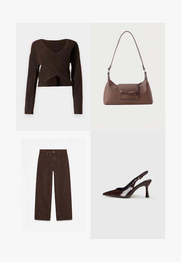 Brun cropped sweater lavet af blødt materiale, med en dyb V-halsudskæring, lange ærmer og et overlappende design foran.; Mørkebrune bukser med høj talje og lige ben, med forreste knap, lynlås, bæltestropper og design med fem lommer.; Brune patenterede læderslingback-sandaletter med spids tå, en tynd hæl og justerbar rem med en lille spænde.; Brun skuldertaske i læder med en frontlomme med klap, der har en sydd sløjfedetalje, og en justerbar rem.