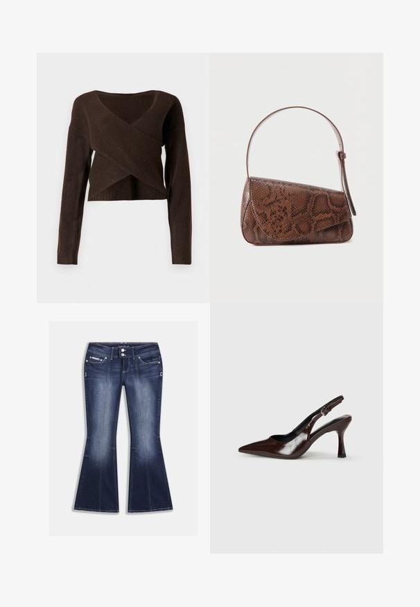 Pull court marron en matériau doux, avec un décolleté en V profond, des manches longues et un design en superposition à l'avant.; Jean évasé bleu foncé en denim, doté de cinq poches, de coutures contrastantes et d'une fermeture à boutons avec des accents décoratifs à l'avant.; Talons slingback en cuir verni brun avec un bout pointu, un talon fin, et une sangle réglable avec une petite boucle.; Sac à bandoulière en cuir à motif peau de serpent marron avec une fermeture à rabat et une seule bandoulière réglable, sur un fond uni.