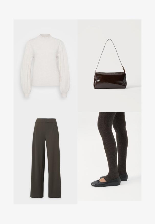 Pull en tricot crème pâle avec un col haut, texture côtelée et manches longues bouffantes. Les poignets ajustés complètent le design.; Pantalon large vert foncé avec taille haute et poches latérales sur fond gris clair.; Jambes portant des leggings côtelés foncés associés à des ballerines noires avec de petits détails en nœud sur fond blanc.; Sac à bandoulière rectangulaire en cuir marron foncé avec une seule sangle fine et une boucle dorée sur un fond uni.