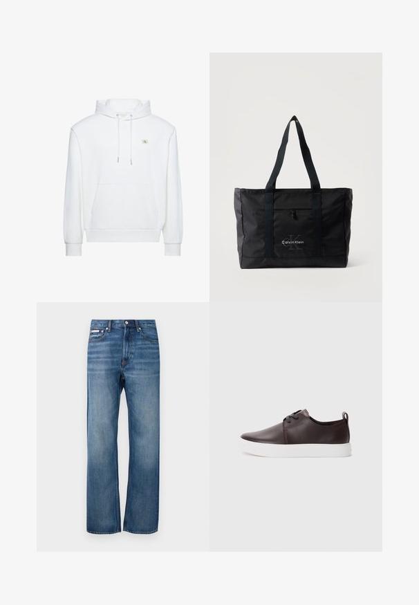 Valkoinen huppari, jossa etutasku ja kiristysnauhat, rinnassa pieni Calvin Klein -logo.; Siniset suorat farkut, joissa on vähäistä haalistumista, etuvetoketju ja pieni logotagi oikeassa etutaskussa.; Ruske nahkakengät sileällä pinnalla, valkoinen kumipohja, pyöreä kärki ja nauhakiinnitys. Mukana on vetotuki kantapäässä.; Musta Calvin Kleinin olkalaukku, jossa on kaksi pitkää kahvaa, etutasku vetoketjulla ja etumukseen painettu logo keskellä.