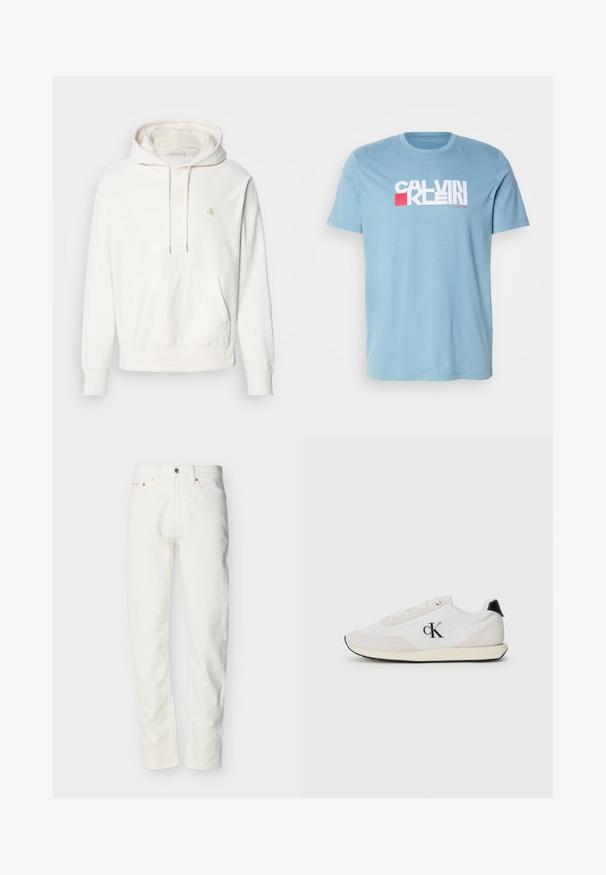 Lysecreme hoodie med en frontlomme, snor i hætten og broderet logo i gult. Fremstillet af blødt, tekstureret stof.; Lyseblå bomulds T-shirt med et fremtrædende grafisk logo i hvid og rød, med klassisk rund hals og korte ærmer.; Hvide denimjeans til mænd med lige ben, forreste knap og lynlås, bæltestropper og fem-lomme design.; Hvid sneaker lavet af ruskind og stofmaterialer. Har et sort hæl-akse, snørebåndsdesign og et lille sort logo på siden.