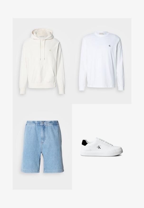 Lysecreme hoodie med en frontlomme, snor i hætten og broderet logo i gult. Fremstillet af blødt, tekstureret stof.; Hvid langærmet T-shirt lavet af bomuld, med rund halsudskæring og et lille sort "CK" logo på venstre brystområde.; Lys blå denimshorts med elastisk talje, knaplukning foran, sidelommer og lige skæring. Længde til midt på låret.; Hvid lavt snøresko med sort hælkappe og "cK"-logo på siden, med hvide snørebånd og tyk hvid sål.