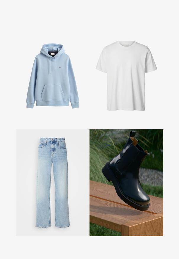 Lichtblauwe hoodie met voorvak, verstelbare trekkoordkap, geribde boorden en zoom en een klein geborduurd logo op de borst.; Eenvoudig wit T-shirt met korte mouwen en ronde hals, losse pasvorm en zonder zichtbare logo's of ontwerpen aan de voorkant.; Lichtblauwe wijde jeans met een hoge taille, met een vervaagde afwerking, riemlussen en een klassieke vijf-pocketdesign. De zoom is ruig.; Zwarte leren Chelsea-boot met een gladde afwerking, elastische zijkanten, ronde neus en dikke rubberen zool, gepositioneerd boven een houten oppervlak.