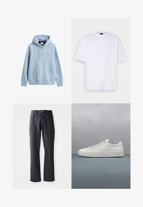 Lichtblauwe hoodie met voorvak, verstelbare trekkoordkap, geribde boorden en zoom en een klein geborduurd logo op de borst.; Witte katoenen T-shirt met ronde hals, korte mouwen en een ontspannen pasvorm. Heeft textuur op de schoudernaden voor extra detail.; Donkergrijze denim jeans met een recht model, vijf zakken, sluiting met knoop en ritssluiting aan de voorkant, en contrasterende stikdetails.; Witte leren sneaker met een ronde neus, minimalistisch ontwerp, grijze veters en een gestructureerde grijze rubberen zool. Fijne stikdetails zichtbaar.