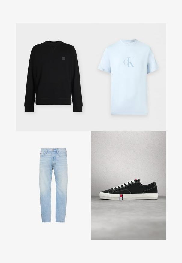 Zwarte crewneck-trui met lange mouwen, geribde boorden en zoom, met een kleine vierkante logopatch op de linkerbovenborst.; Lichtblauw T-shirt met korte mouwen en een ronde hals met het "cK" logo gedrukt in gestreept ontwerp, gecentreerd op de borst.; Lichtblauwe jeans met rechte pijpen, vijf zakken, knoopsluiting en vervaagde waseffecten op dijen en knieën.; Zwarte lage sneaker met witte veters en zool, met het rode, witte en blauwe Tommy Hilfiger-logo op de tong en zijkant.