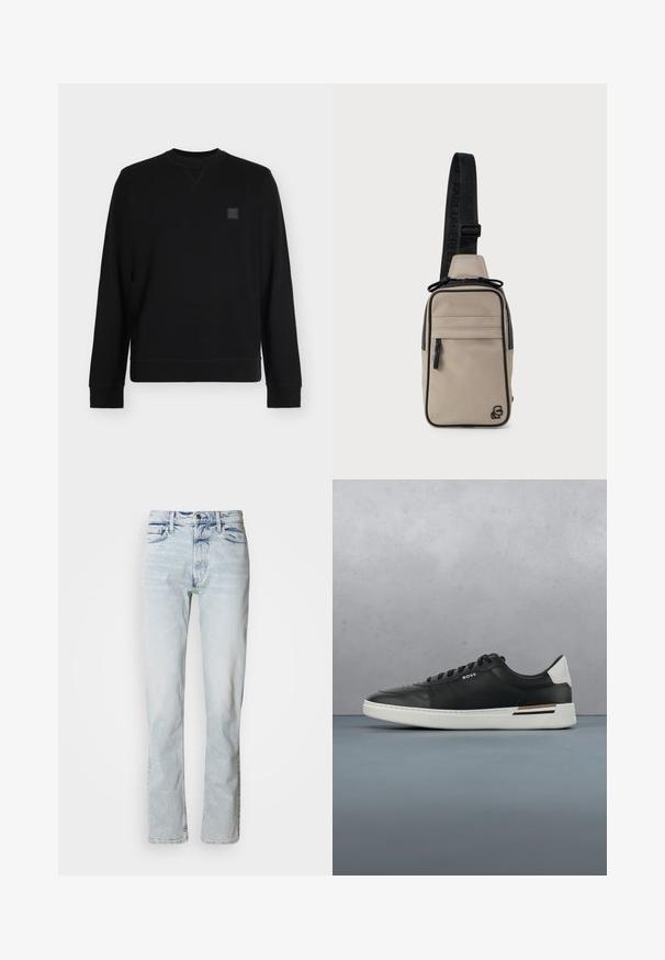 Sort langærmet sweatshirt med rund halsudskæring, ribstrikkede ærmer og bund, med lille firkantet logo-patch på øverste venstre bryst.; Lyseblå denimjeans med lige snit, slidte detaljer, fem-lomme-design og klassisk knaplukning i taljen.; Sort lædersneaker med hvid sål, har perforeringer, snørebåndsdesign, logo på siden og kontrasterende hældetalje i hvid og brun.; Beige skuldertaske i stof med en sort rem med logo, lynlåslommer og et diskret emblem på forsiden.