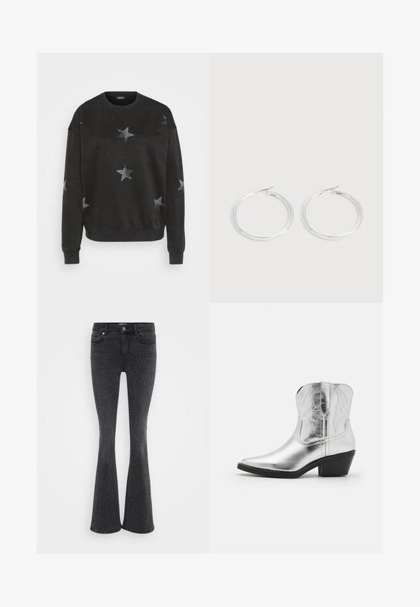 Zwarte sweatshirt met zilveren sterpatronen, ronde halslijn en ribgebreide manchetten. Gemaakt van zacht textiel met een ontspannen pasvorm.; Zwarte flared jeans van denim, versierd met metallic studs. Vijf zakken en een sluiting met een knoop aan de voorkant.; Zilveren leren cowboylaarzen met een spitse neus, gestikte details op de schacht en een gematigde zwarte hak. Gladde en glanzende oppervlakte.; Een paar glanzende zilveren oorringen met dunne draadafsluitingen, getoond op een lichtgrijze achtergrond.