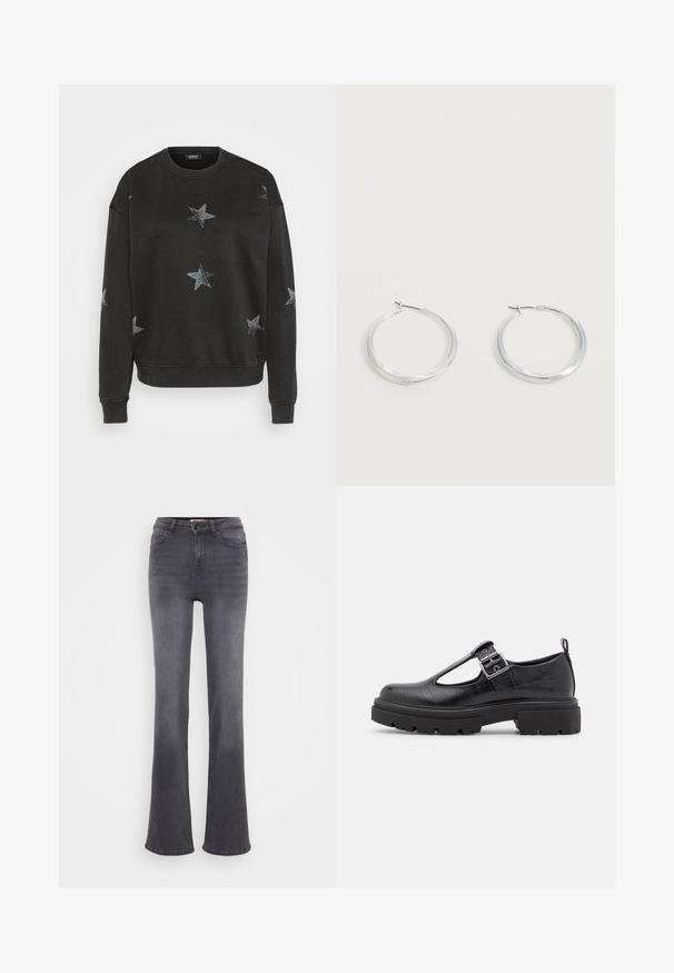 Zwarte sweatshirt met zilveren sterpatronen, ronde halslijn en ribgebreide manchetten. Gemaakt van zacht textiel met een ontspannen pasvorm.; Grijze flared jeans van denim, met een hoge taille, vijf zakken en een knoopsluiting. Soepele textuur met subtiele vervagingsdetails.; Zwarte neplederen schoen met een krokodillenstructuur, ronde neus, enkelband met metalen gesp en een chunky rubberen zool.; Zilverkleurige metalen creolen oorbellen met een glad, licht gebogen oppervlak en sluitingen met haaksluiting op een effen witte achtergrond.