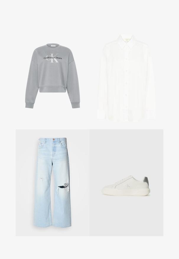 Hellgraues, kurz geschnittenes Sweatshirt mit langen Ärmeln, auf der Vorderseite mittig mit weißem "cK" und schwarzem "Calvin Klein Jeans" Logo.; Weißes, langärmeliges Hemd mit Knopfleiste, klassischem Kragen und regulärer Passform. Hergestellt aus glattem Stoff, mit acht Knöpfen auf der Vorderseite.; Helle blaue, weit geschnittene Jeans aus Denim mit hoher Taille, großen Rissen an den Knien und einem klassischen Fünf-Taschen-Design mit kupferfarbenen Beschlägen.; Weißer Sneaker aus Leder mit glatter Textur, ausgestattet mit einem silbernen Akzent an der Ferse, flacher Sohle und minimalistischem Design.