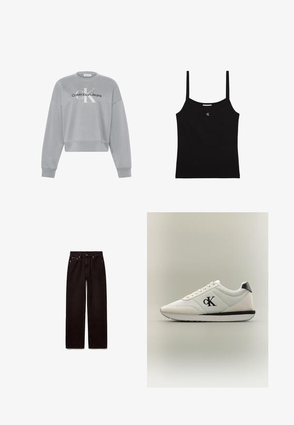 Lysegrå cropped sweatshirt med lange ærmer, der har hvid "cK" og sort "Calvin Klein Jeans" logo centreret på forsiden.; Sort cropped tanktop med tynde skulderstropper og lille sølv CK-logo centreret under udskæringen.; Sorte jeans med lige ben, forreste knap og lynlås, to forlommer og bæltestropper på hvid baggrund.; Hvid lavtop-sneaker med sort "cK" logo på siden, sort hælkappe, snørelukning og let hævet hvid og sort sål.