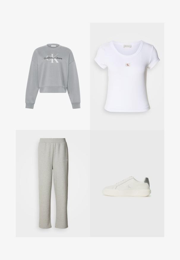 Hellgraues, kurz geschnittenes Sweatshirt mit langen Ärmeln, auf der Vorderseite mittig mit weißem "cK" und schwarzem "Calvin Klein Jeans" Logo.; Weißes, tailliertes T-Shirt aus geripptem Stoff, mit einem runden Halsauschnitt und kurzen Ärmeln. Ein kleines CK-Logo ist auf der Brust gestickt.; Graue Sweatpants aus weichem Material mit einem elastischen Bund. Sie verfügen über ein kleines Logo auf der linken Seite und ein gerades Bein-Design.; Weißer Sneaker aus Leder mit glatter Textur, ausgestattet mit einem silbernen Akzent an der Ferse, flacher Sohle und minimalistischem Design.