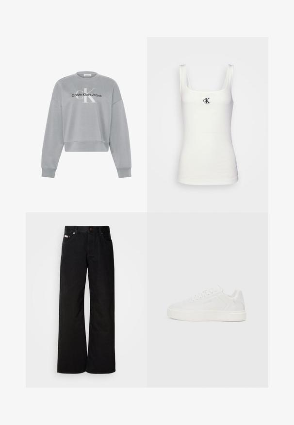Lichtgrijs cropped sweatshirt met lange mouwen, met wit "cK" en zwart "Calvin Klein Jeans" logo gecentreerd aan de voorkant.; Witte katoenen tanktop met een vierkante halslijn en smalle schouderbanden. Bevat een klein zwart geborduurd CK-logo aan de voorkant.; Zwarte wijde spijkerbroek van katoen. Voorzien van zijzakken, een knoopsluiting en een klassieke denimtextuur. Minimalistisch ontwerp zonder patronen.; Witte lage sneakers met een platte zool, glad bovenwerk van synthetisch materiaal, ronde neus en ton-sur-ton stiksels. Voorzien van vetersluiting en zijbranding.