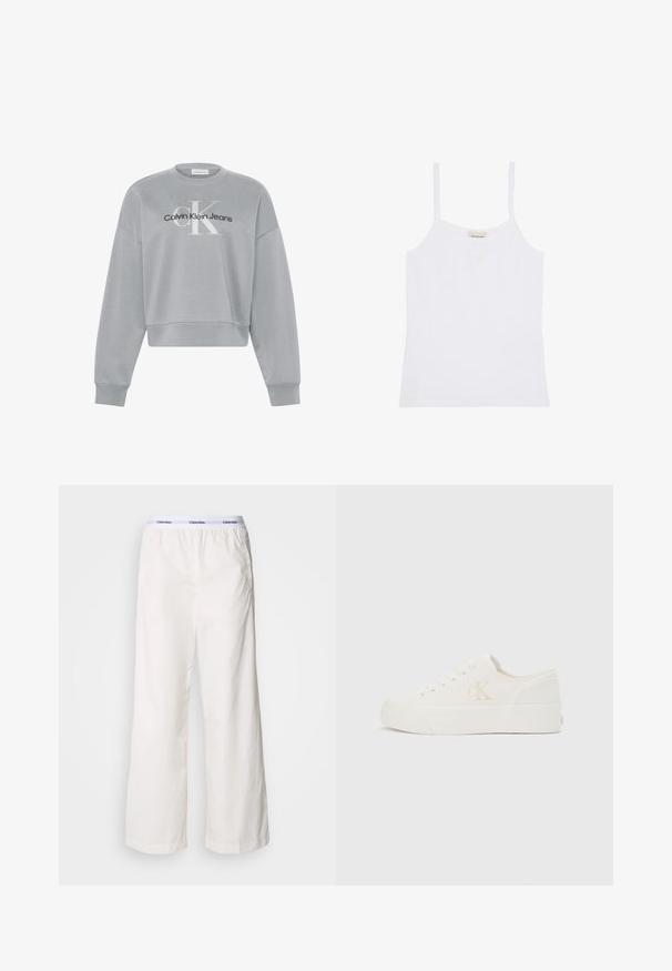 Lysegrå cropped sweatshirt med lange ærmer, der har hvid "cK" og sort "Calvin Klein Jeans" logo centreret på forsiden.; Hvid Calvin Klein dame top med tynde skulderstropper og enkelt, tætsiddende design.; Hvide brede bukser med elastisk talje og et kontrasterende Calvin Klein-logo. Fremstillet af glat stof, giver de en afslappet pasform.; Hvid lavt snøresko med tyk sål og "cK"-logo på siden, snørebånd foran og minimalistisk design på neutral baggrund.
