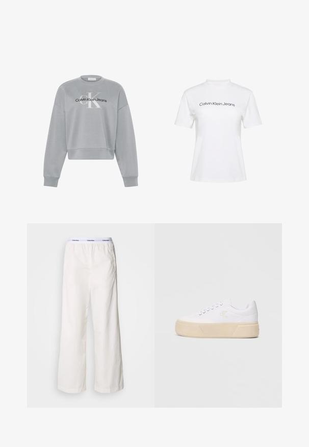 Lichtgrijs cropped sweatshirt met lange mouwen, met wit "cK" en zwart "Calvin Klein Jeans" logo gecentreerd aan de voorkant.; Wit katoenen T-shirt met een ronde hals en korte mouwen, met de tekst "Calvin Klein Jeans" in zwarte print over de borst.; Witte wijde broek met een elastische tailleband met een contrasterend Calvin Klein-logo. Gemaakt van gladde stof, bieden ze een ontspannen fit.; Witte canvas sneakers met een stevige beige platformzool, voorzien van een subtiel geborduurd logo aan de zijkant en een klassiek vetersluiting ontwerp.