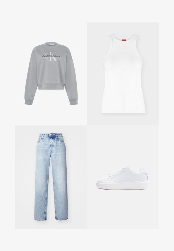 Hellgraues, kurz geschnittenes Sweatshirt mit langen Ärmeln, auf der Vorderseite mittig mit weißem "cK" und schwarzem "Calvin Klein Jeans" Logo.; Weißes ärmelloses, geripptes Tanktop mit hohem Rundhalsausschnitt und figurbetonter Form, abgebildet auf einfachem hellem Hintergrund.; Hellblaue High-Waist-Jeans mit lockerer Passform, geradem Bein, fünf Taschen und klassischem Knopf- und Reißverschluss.; Weißer Sneaker mit niedrigem Schaft, Schnürverschluss, dicker Sohle und glattem Obermaterial, von der Außenseite vor einem einfarbigen hellen Hintergrund gezeigt.