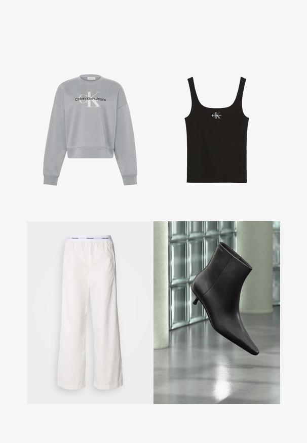 Hellgraues, kurz geschnittenes Sweatshirt mit langen Ärmeln, auf der Vorderseite mittig mit weißem "cK" und schwarzem "Calvin Klein Jeans" Logo.; Schwarzes, geripptes Tanktop mit breiten Trägern und Calvin Klein Logo in Weiß in der Brustmitte, vor weißem Hintergrund.; Weiße weite Hosen mit einem elastischen Bund, der ein kontrastierendes Calvin Klein-Logo trägt. Hergestellt aus glattem Stoff bieten sie eine lockere Passform.; Schwarzer Leder-Knöchelstiefel mit spitzer Spitze und kleinem Absatz vor einer Wand aus Glasbausteinen und einem polierten Boden.
