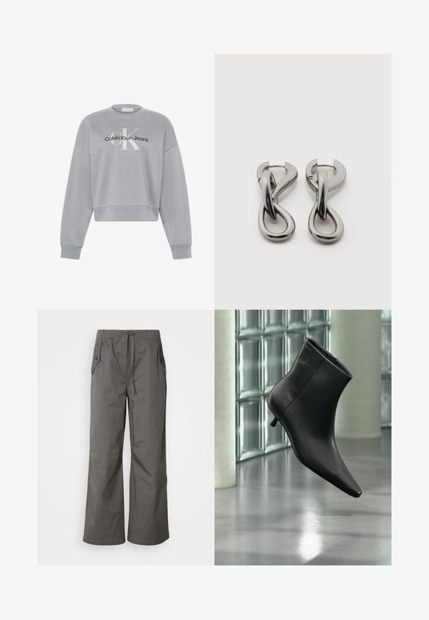 Hellgraues, kurz geschnittenes Sweatshirt mit langen Ärmeln, auf der Vorderseite mittig mit weißem "cK" und schwarzem "Calvin Klein Jeans" Logo.; Graue weit geschnittene Hose aus leichtem Stoff, mit elastischem Bund, Kordelzug und zwei seitlichen Taschen mit Knopfakzenten.; Schwarzer Leder-Stiefelette mit spitzer Zehenpartie und niedrigem Kitten-Heel, schräg dargestellt vor einem polierten Boden und einer Glasbausteinwand.; Paar silberfarbene Metallohrringe mit abstraktem ineinandergreifendem Schlaufen-Design auf weißem Hintergrund.