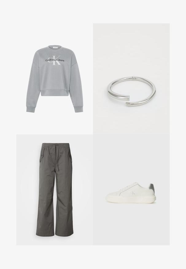 Lichtgrijs cropped sweatshirt met lange mouwen, met wit "cK" en zwart "Calvin Klein Jeans" logo gecentreerd aan de voorkant.; Grijze wijde broek gemaakt van lichtgewicht stof, met een elastische tailleband, trekkoord en twee zijzakken met knoopaccenten.; Witte sneaker van leer met een gladde textuur, featuring een zilveren accent op de hiel, een platte zool en een minimalistisch ontwerp.; Calvin Klein SPIRAL - Armband - silver-coloured